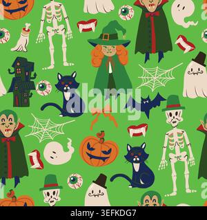 Ghost Halloween seamless pattern with cute characters spooky elements illustration collection design Stock Vector