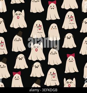 Cute ghost Halloween seamless pattern cartoon spooky characters funny graphic background desig Stock Vector