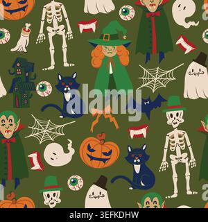 Ghost Halloween seamless pattern with cute characters spooky elements illustration collection design Stock Vector