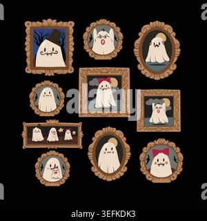 Ghost Halloween seamless pattern with cute portraits vintage frames spooky decorative background illustration Stock Vector