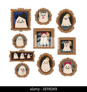 Ghost Halloween seamless pattern with cute portraits vintage frames spooky decorative background illustration Stock Vector