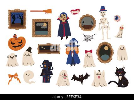 Ghost Halloween isolated set with cute characters spooky elements illustration collection design Stock Vector