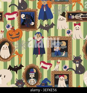 Halloween portrait seamless pattern with ghosts skeletons vampire vintage frames spooky decor illustration Stock Vector