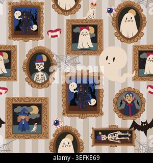 Halloween portrait seamless pattern with ghosts skeletons vampire vintage frames spooky decor illustration Stock Vector
