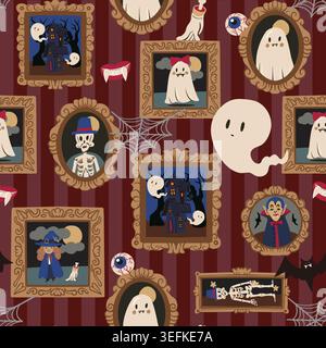 Halloween portrait seamless pattern with ghosts skeletons vampire vintage frames spooky decor illustration Stock Vector