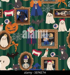 Halloween portrait seamless pattern with ghosts skeletons vampire vintage frames spooky decor illustration Stock Vector