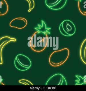 Neon tropical fruit seamless pattern, summer Y2K background with pineapple, kiwi, coconut, mango and banana Stock Vector