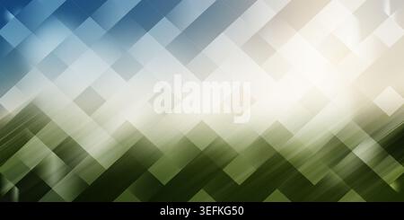 An abstract background with a diagonal square pattern, blending blue sky tones and green earth tones with a soft, glowing light effect. Stock Photo