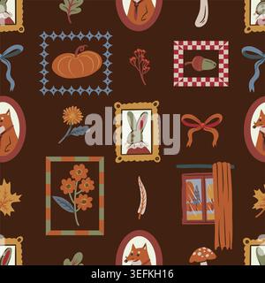 Cozy autumn seamless pattern with pumpkins, leaves, mushrooms, flowers, bows, and cute woodland details. Warm earthy palette and vintage decorative el Stock Vector
