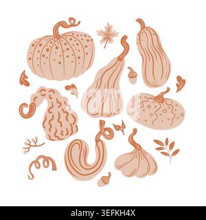 Pumpkin autumn graphic with gourds leaves minimal modern cozy design illustration Stock Vector