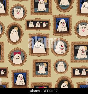 Ghost Halloween seamless pattern with cute portraits vintage frames spooky decorative background illustration Stock Vector
