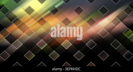 Dark abstract background featuring a grid of diamonds with glowing, multi-colored light streaks sweeping across the surface. Stock Photo