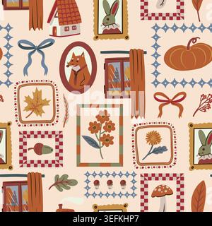 Autumn cozy seamless pattern with pumpkins leaves fox mushrooms warm vintage decor illustration Stock Vector