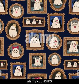 Ghost Halloween seamless pattern with cute portraits vintage frames spooky decorative background illustration Stock Vector