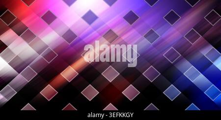A dynamic abstract backdrop showing a grid of diagonal squares with multi-colored light rays and a dark, moody atmosphere. Stock Photo