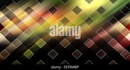 A vibrant abstract image featuring overlapping squares in various colors, including yellow, green, red, and orange, arranged diagonally on a black bac Stock Photo