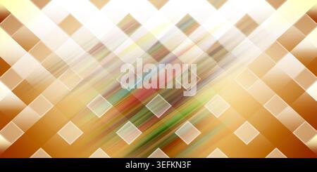 Abstract digital background featuring a pattern of diagonal squares with a dynamic motion blur effect in warm golden, brown, and multicolored tones. Stock Photo