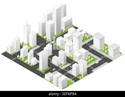 Detailed isometric illustration of a modern urban cityscape showing high-rise buildings, roads, intersections and green neighborhood blocks, ideal for Stock Vector