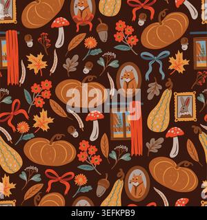 Autumn cozy seamless pattern with pumpkins leaves fox mushrooms warm vintage decor illustration Stock Vector