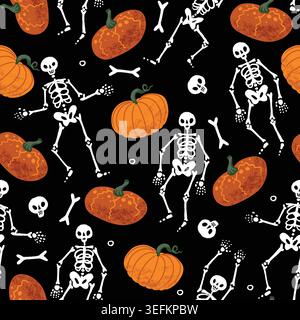 Skeleton Halloween seamless pattern with skulls bones spooky monochrome dark background illustration Stock Vector