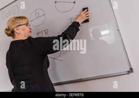 A teacher stands in front of a whiteboard. She removes details from the board while students watch. She is explaining concepts related to circles and Stock Photo