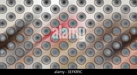 A high-resolution abstract background featuring a metallic surface with a repeating pattern of circular holes, accented by diagonal light streaks and Stock Photo