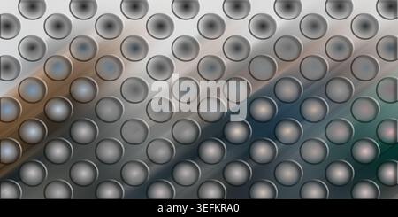 An abstract background featuring a metallic surface with a repeating circular hole pattern, enhanced by soft, subtle color transitions and light refle Stock Photo