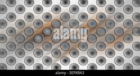 An abstract background design consisting of a repeating pattern of dark circles on a light, metallic-looking surface with diagonal light streaks. Stock Photo