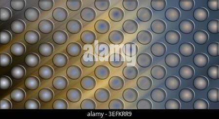 A textured background featuring a grid of metallic, circular indentations with a diagonal light effect transitioning from dark to golden hues. Stock Photo