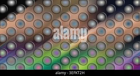 A digital art background featuring a repeating pattern of circular, glowing orbs arranged in a grid, set against a multi-colored diagonal gradient. Stock Photo