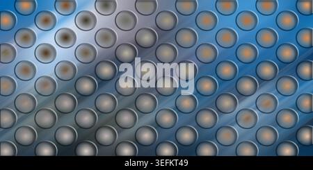 A dynamic abstract background showing a perforated metal sheet with a repeating circular pattern, enhanced by vibrant blue and orange lighting effects Stock Photo