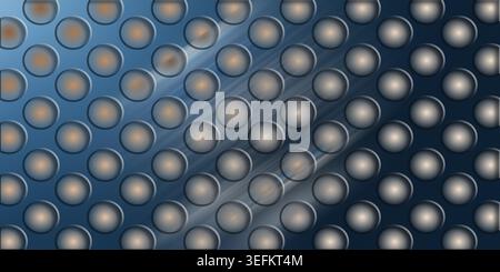 A deep blue abstract background featuring a grid of metallic circular indentations with a diagonal light streak effect. Stock Photo