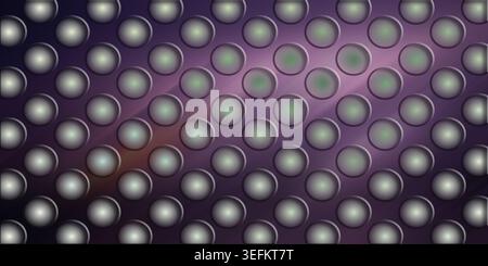 A sleek abstract background featuring a grid of metallic circular shapes illuminated by a soft, glowing purple and green light gradient. Stock Photo