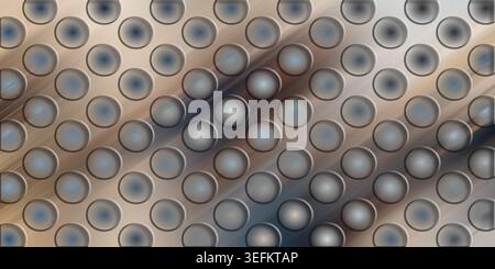 A sleek abstract background showing a repeating pattern of circular elements on a metallic surface with soft blue and bronze gradient light reflection Stock Photo