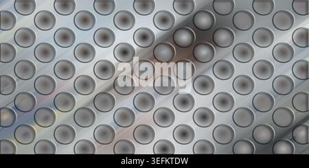 A high-quality abstract background featuring a metallic surface with a repeating pattern of circular indentations and diagonal light streaks. Stock Photo