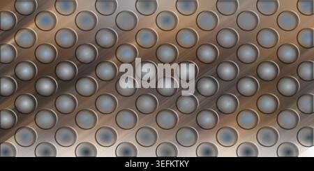 A textured background showing a pattern of circular holes on a metallic surface with a warm bronze and cool steel color gradient. Stock Photo