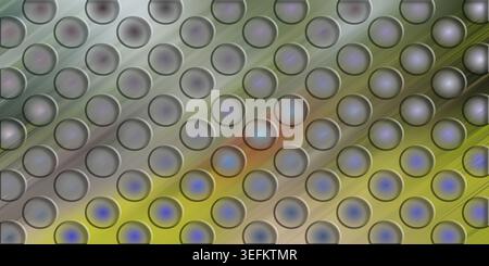 A digital abstract background featuring a grid of circular indentations on a metallic surface with diagonal light streaks and hints of yellow and blue Stock Photo