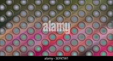 Vibrant abstract background with a grid of embossed circles over a diagonal gradient of green, pink, and purple hues with light streaks. Stock Photo