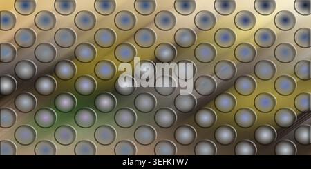 An abstract metallic texture featuring a repeating pattern of circular indentations with a golden finish and soft blue light reflections. Stock Photo