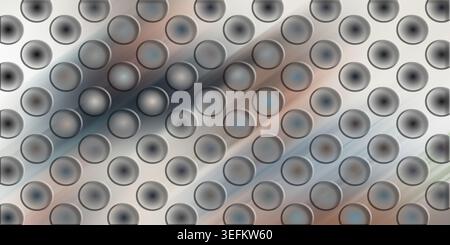 An abstract background composed of a repeating circular pattern on a metallic surface with soft, multi-colored light reflections and diagonal streaks. Stock Photo