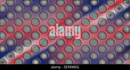 An abstract background design featuring a grid of circular shapes overlaid with diagonal streaks of red, white, and blue light. Stock Photo