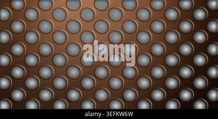 A high-tech abstract background featuring a bronze-toned metallic surface with a repeating pattern of circular holes, each with a soft glowing center. Stock Photo