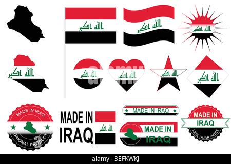 Iraq national symbols flags map and made in Iraq badges vector. Suitable for editorial, educational and commercial design projects. Stock Vector