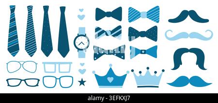 Happy Father's Day icon set in blue color. Silhouette of Man items bowtie, tie, crown, eyeglasses, mustache, hearts and watch. Father Day elements in flat style, vector illustrations isolated. Stock Vector
