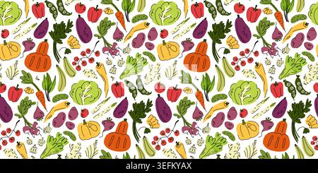 Juicy summer pattern with bright vegetables, vegetable stand in a seamless pattern, cabbage, pumpkin, peas, local market produce, farmers market Stock Vector