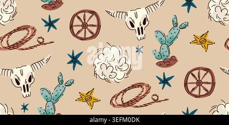 Wild West seamless pattern for kids room and clothes, desert background with buffalo skull, lasso, cactus and tumbleweed Stock Vector