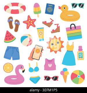 Collection of hand-drawn summer vacation elements. Minimalist flat vector illustration. Isolated on a white background. Stock Vector