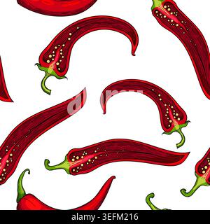 Seamless pattern featuring red chili peppers with green stems. Hand-drawn decorative illustration Stock Vector