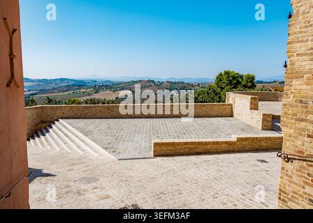 Corinaldo fortified village terrace overlooking Marche countryside hills Stock Photo