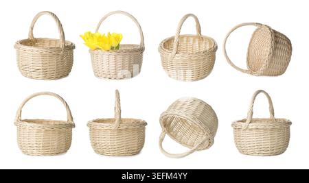 Wicker basket with flowers isolated on white, collage Stock Photo